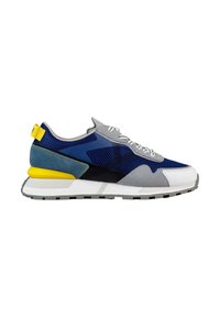 Zapatilla con una combinación de malla azul y parte superior de gamuza gris, punta blanca, acento en el talón amarillo y detalles en negro texturizado; suela de goma.