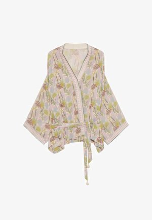 Kimono floral en colores pastel, con escote en V, mangas anchas y cinturón de lazo. Hecho de tejido ligero con acentos texturizados.