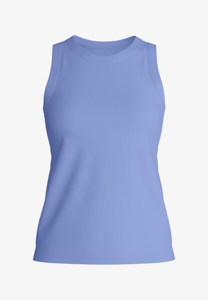 Mouwloos lichtblauw damestopje met een ronde halslijn en gladde stof.