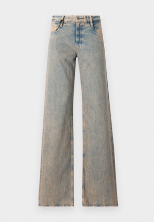 Lys blå vide jeans med en falmet tekstur, med fem lommer og bæltestropper, lavet af denimstof.