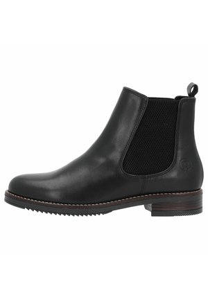 Bottine en cuir noir avec des panneaux latéraux élastiques, une languette et une semelle en caoutchouc texturé avec des détails de couture subtils.