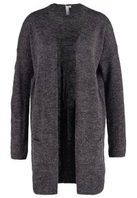 Öppen grå kofta i mjukt, texturerat tyg, med långa ärmar och två framfickor. Lättviktig med en avslappnad passform.