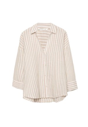 Košeľa na zapínanie s béžovými a bielymi vertikálnymi pruhmi, dlhými rukávmi s manžetami a klasickým golierom, zobrazená na bielom pozadí.