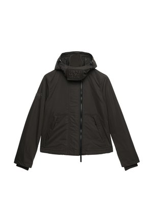 Dark brown hooded jacket with front zipper, two angled pockets, and "Superdry" branding on the collar and left sleeve.