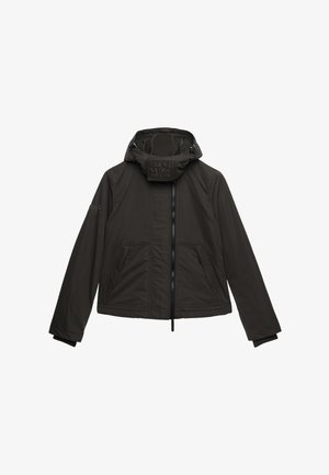 Dark brown hooded jacket with front zipper, two angled pockets, and "Superdry" branding on the collar and left sleeve.