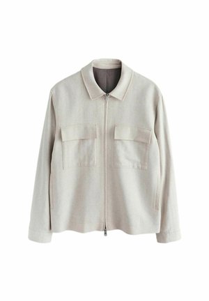 Hellbeige Reißverschlussjacke mit Kragen und zwei vorderen Klappentaschen, langen Ärmeln und geradem Saum.