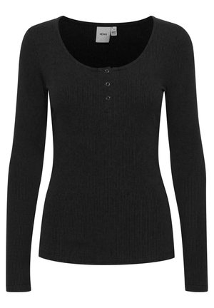 Sort ribbet langærmet top med en rund halsudskæring og tre-knaps placket foran. Blød tekstur og tætsiddende design.