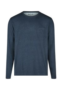 Navy blauwe lange mouwen t-shirt gemaakt van zachte stof, met een ronde halslijn en een klein borstzakje. Gladde textuur, eenvoudig ontwerp.