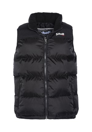 Schwarze, gesteppte ärmellose Weste mit Frontreißverschluss, Stehkragen, seitlichen Reißverschlusstaschen und kleinem weißen "Schott"-Logo auf der Brust.