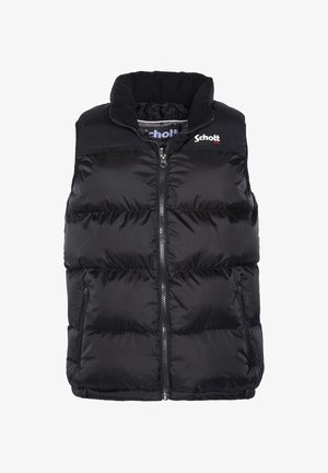 Veste sans manches noire matelassée avec fermeture éclair à l'avant, col montant, poches latérales zippées, et petit logo blanc "Schott" sur la poitrine.