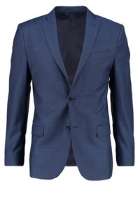 Blazer blu con texture, chiusura a due bottoni, taschino sul petto e due tasche frontali; design minimalista con vestibilità su misura.