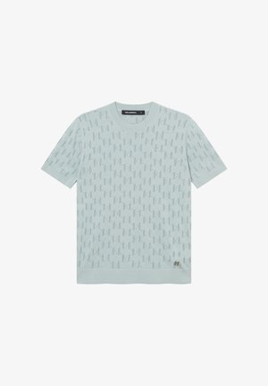 Haut en maille bleu clair à manches courtes avec un motif perforé "KL" petit format sur toute la surface et un petit logo métallique "KL" près de l'ourlet inférieur.