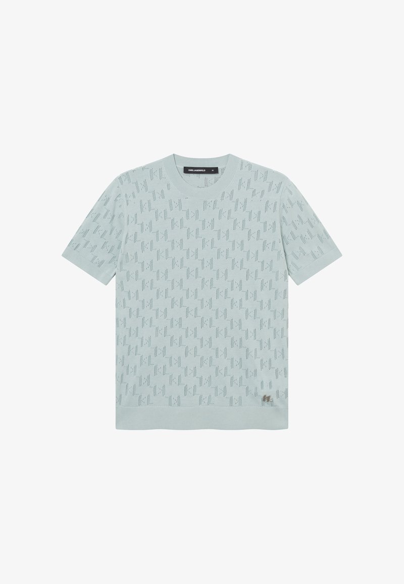 Haut en maille bleu clair à manches courtes avec un motif perforé "KL" petit format sur toute la surface et un petit logo métallique "KL" près de l'ourlet inférieur.