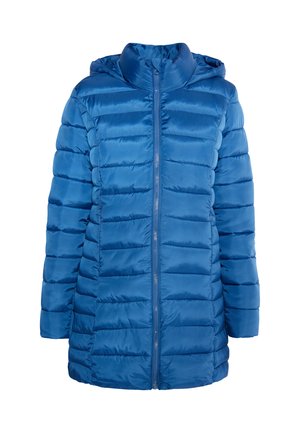 Modrý péřový kabát s kapucí. Vyrobený z lesklé látky, s prošívanou texturou a předním zipem. Lehký a izolovaný design.