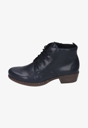 Bottines en cuir bleu foncé avec un bout arrondi, un laçage à l'avant et un petit talon marron. Présentent des coutures discrètes et un accent logo circulaire.