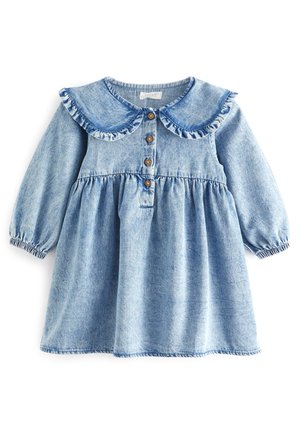 Vestito di denim con colletto rotondo arricciato, chiusura con bottoni sul davanti e maniche lunghe a sbuffo. Tessuto azzurro chiaro con gonna arricciata e polsini elasticizzati.