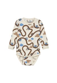 Långärmad babybody i krämfärgad tyg med ett vägmönster som har blå moln, bruna berg och tecknade traktorer. Tryckknappsstängning i botten.