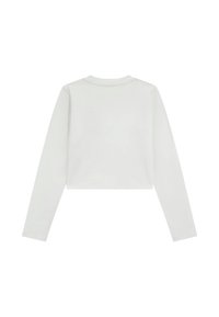 Witte lange mouw crop top van gladde stof met een ronde halslijn en reguliere mouwen, zonder opvallende patronen of details.