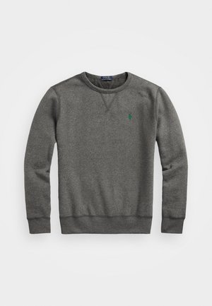 Šedá mikina s dlouhým rukávem a kulatým výstřihem, s žebrovanými manžetami a lemem, s malým zeleným vyšívaným logem Polo Ralph Lauren na hrudi.