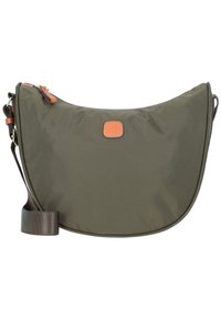 Borsa a tracolla in nylon verde oliva con forma curva, dettagli in pelle marrone e tracolla regolabile. Chiusura con zip.