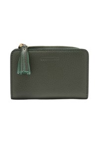 Portafoglio verde in pelle con finitura testurizzata, chiusura con zip e un accento in nappina, caratterizzato da un logo sottile sulla parte anteriore.