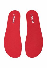 Plantillas rojas con una textura suave y el nombre de la marca "reima" impreso en blanco. La forma se adapta a los contornos del pie, tamaño 33.