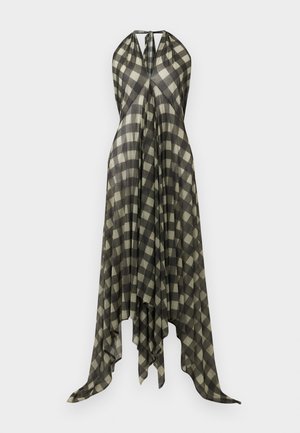 Robe de style halter avec un motif à carreaux noir et vert olive, présentant une silhouette ample et un ourlet pointu. Tissu léger.