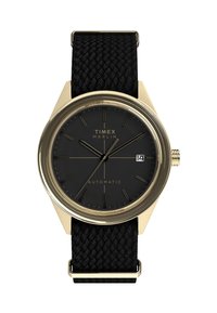 Zegarek automatyczny Timex Marlin z czarną tarczą, obudową ze stal nierdzewnej w złotym kolorze, czarnym plecionym paskiem, srebrnymi znacznikami godzin oraz wyświetlaczem daty.