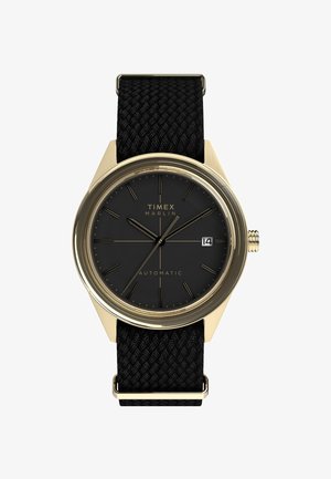 Orologio automatico Timex Marlin con quadrante nero, cassa in acciaio inossidabile dorato, cinturino intrecciato nero, indicatori delle ore argentati e visualizzazione della data.