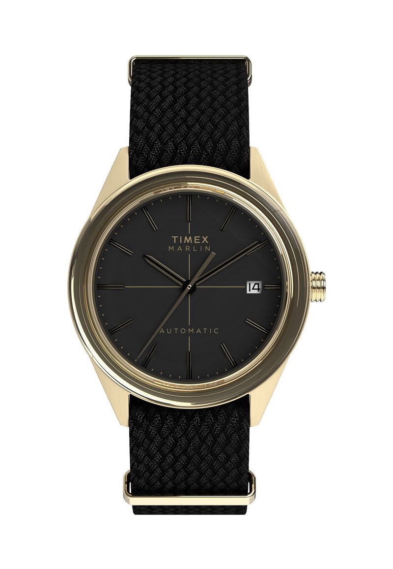 Zegarek automatyczny Timex Marlin z czarną tarczą, obudową ze stal nierdzewnej w złotym kolorze, czarnym plecionym paskiem, srebrnymi znacznikami godzin oraz wyświetlaczem daty.