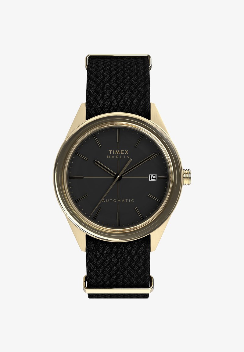 Montre automatique Timex Marlin avec un cadran noir, boîtier en acier inoxydable doré, bracelet tissé noir, marqueurs d'heure argentés et affichage de date.