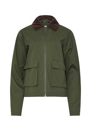 Olivgrüne Jacke mit einem Cordkragen, kurzem Reißverschluss und zwei großen Klappentaschen. Hergestellt aus strapazierfähigem Stoff mit glatter Textur.