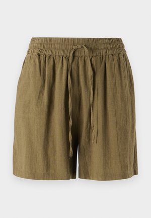 Shorts pull-on verts olive en tissu léger, dotés d'une taille élastique et d'un cordon de serrage, avec une coupe décontractée et ample.