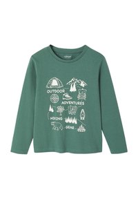 Green cotton long-sleeve t-shirt with white outdoor-themed graphics including mountains, bear, tent, and hiking gear. Round neckline.
