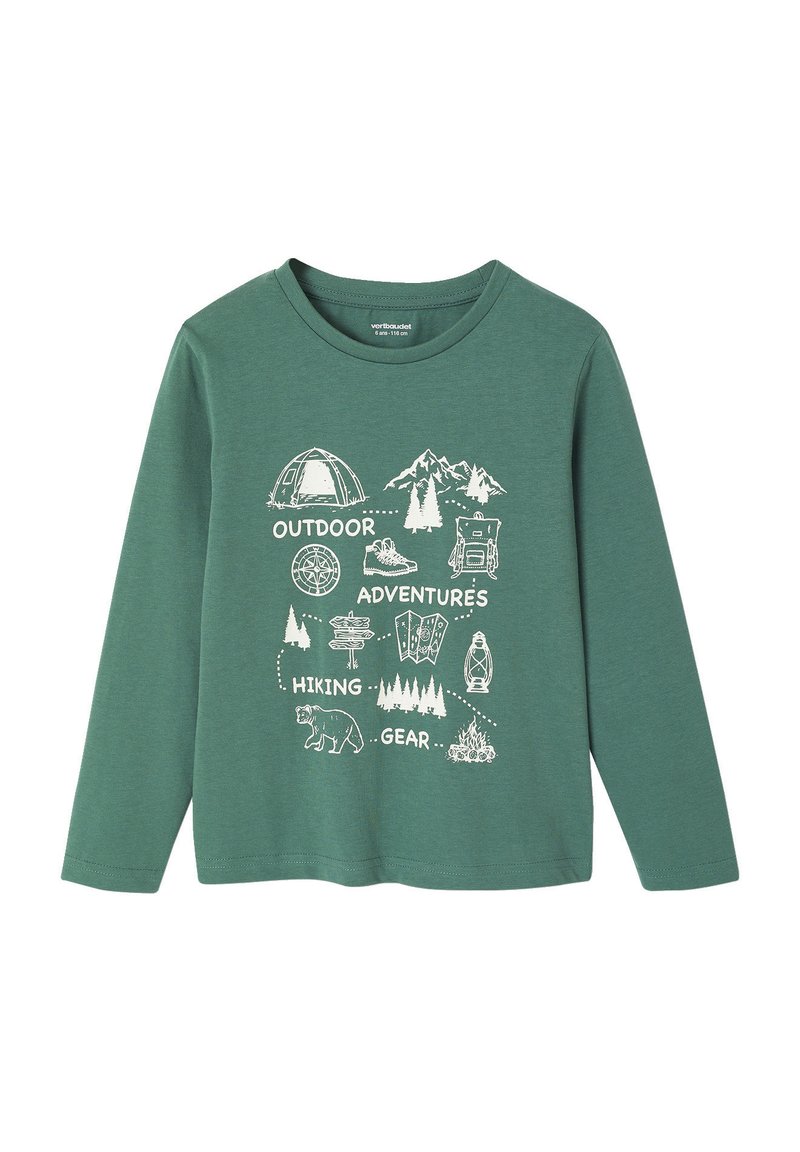 Green cotton long-sleeve t-shirt with white outdoor-themed graphics including mountains, bear, tent, and hiking gear. Round neckline.