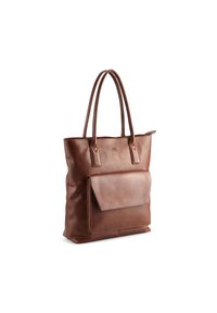Sac fourre-tout en cuir brun avec une forme droite, deux poignées, poche avant, détails de couture subtils et texture lisse.