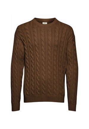 Brown cable-knit sweater with a crew neckline, ribbed cuffs, and hem. Features vertical textured patterns throughout. Made of soft material.