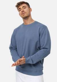 Sudadera azul de manga larga y cuello redondo, con un logo sutil en el pecho y puños y dobladillo de canalé. Textura plana.