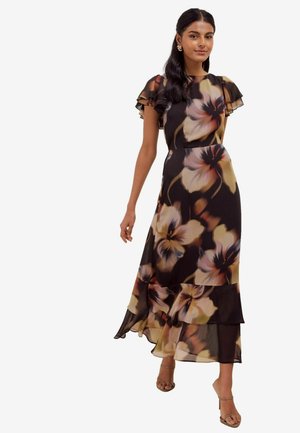 Friends Like These, BLURRED FLORAL METALLIC RUFFLE SLEEVE MIDI DRESS - Maxikjoler - navy