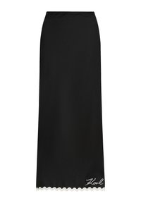 Sort midi-nederdel lavet af tekstureret materiale. Har en bølget kant og hvid "Karl"-signaturdetalje nederst til venstre.