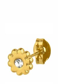 Goldfarbene, blumenförmige Stud-Ohrringe mit einem klaren Edelstein in der Mitte und einem Schmetterlingsverschluss. Glatte Oberfläche mit glänzender Textur.