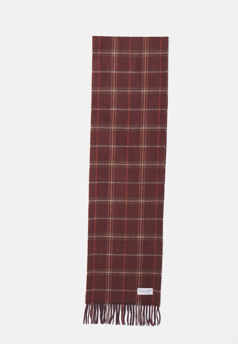 Écharpe en laine rouge foncé avec un motif à carreaux comportant des lignes beiges et blanches. Les bords à franges ajoutent de la texture. Étiquette cousue en bas.