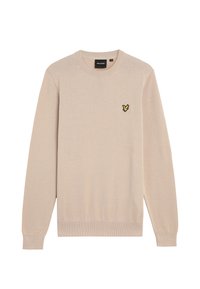 Beige knitted sweater with long sleeves, round neck, and ribbed cuffs. Features a small black and yellow embroidered logo on the chest.