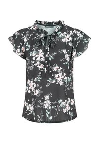 Blouse noire à manches courtes avec col à volants, encolure à nouer et motif floral blanc et rose avec des feuilles vertes.