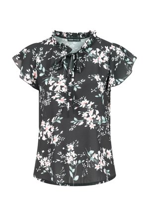 Blouse noire à manches courtes avec col à volants, encolure à nouer et motif floral blanc et rose avec des feuilles vertes.