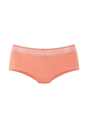 Peach-colored boxer brief with a smooth, stretchy fabric. Features a sheer waistband and a small decorative bow at the center front.