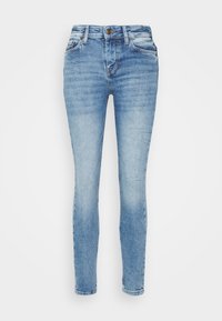 Jeans ajustados en denim azul claro, con una cintura de altura media, cinco bolsillos, un cierre de botón en la parte delantera y detalles de desvanecimiento sutil.