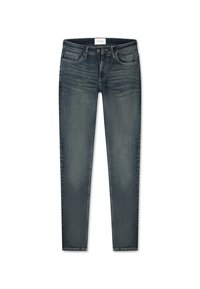 Jean denim bleu foncé à coupe slim avec des accents délavés, design traditionnel à cinq poches, fermeture à bouton en métal et passants pour ceinture à la taille.