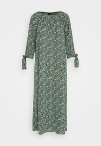 Grün gemustertes Maxikleid mit langen Ärmeln, das mit Bindebändern an den Handgelenken und einer lockeren, fließenden Silhouette versehen ist. Glatte Stofftextur.