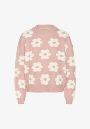 Roosa sviiter suure valge lillemustriga, soonikuga kaelus ja mansetid, pehme kudumise tekstuur, lahtine lõige ja langenud õlad.